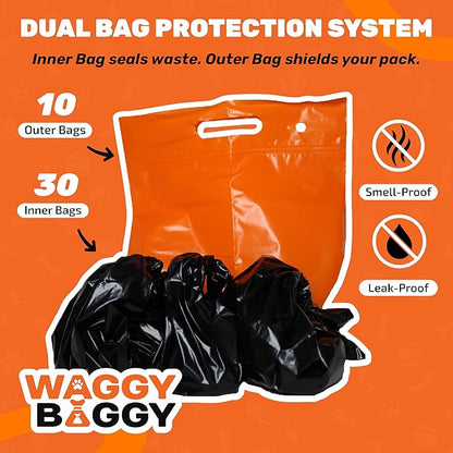 Cleanwaste Waggy Baggy, Adventure Ready Dog Waste Bags with Smell-Proof, Dual Bag System, with Convenient Carry Handle, 10ct