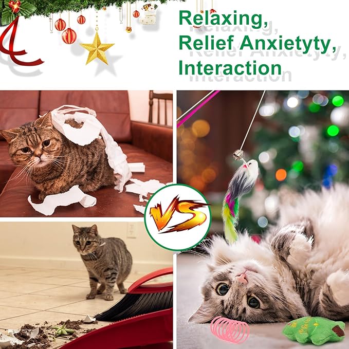 12Pcs Christmas Stocking Cat Toys, Xmas Cat Toys Set with Catnip Plush Toy, Mice Feather Toys, Cat Wand, Pet Supplies for Kitten Toys Interactive Play Indoor Cats Christmas Decorations