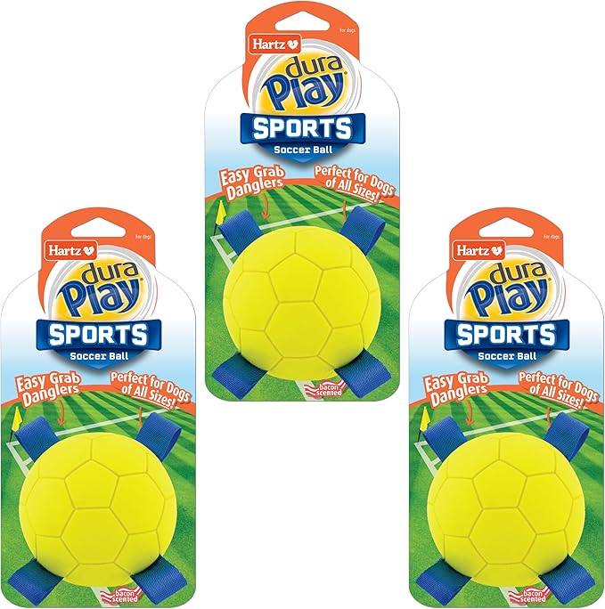 Hartz Dura Play Sports Soccer Dog Toy, Bacon Scented Squeaky Latex Yellow & Blue Toy, 3 Count