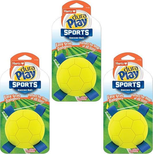 Hartz Dura Play Sports Soccer Dog Toy, Bacon Scented Squeaky Latex Yellow & Blue Toy, 3 Count