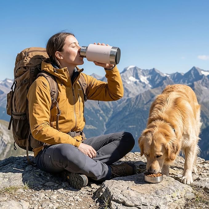 Dog Water Bottle 32oz, Insulated Stainless Steel Travel Water Dispenser with 2 Detachable Dog Bowls for Food and Water, Leak Proof Portable Pet Drinking Cup for Walking Hiking Camping