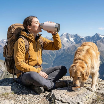 Dog Water Bottle 32oz, Insulated Stainless Steel Travel Water Dispenser with 2 Detachable Dog Bowls for Food and Water, Leak Proof Portable Pet Drinking Cup for Walking Hiking Camping