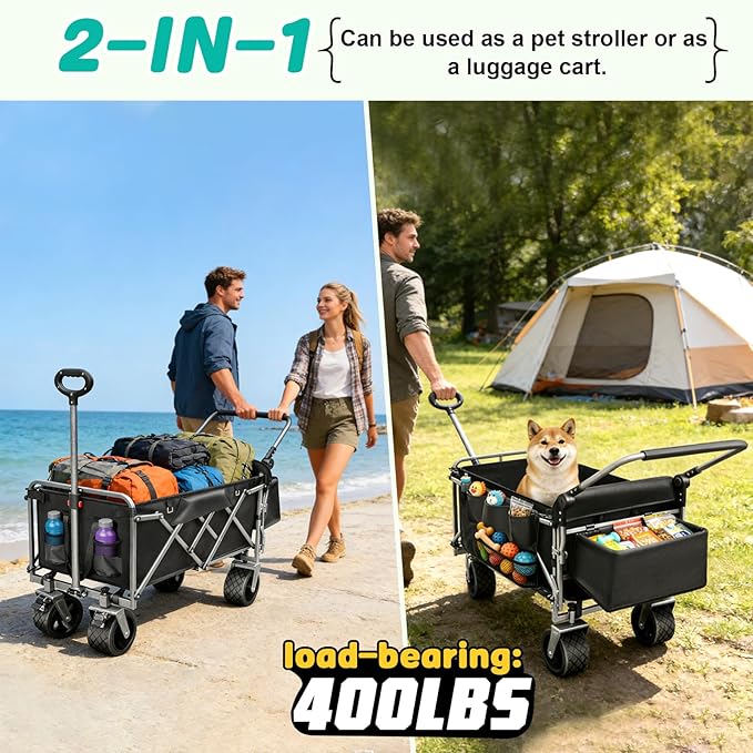 Dog Stroller for Large & Medium Dogs (20–200 lbs), All Terrain Foldable Large Pet Stroller with Tailgate, Cup Holder, Storage Baskets - Heavy Duty Adjustable Handle Extra Large Dog Wagon Cart