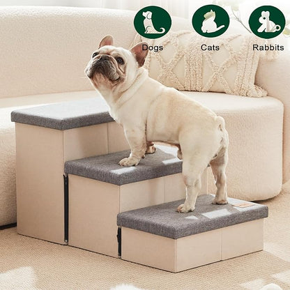 Love's cabin Dog Stairs for High Bed 18" H, Foldable Pet Stairs for Small Medium or Large Dogs Puppy with Storage for Bed or Couch, Cat Dog Steps Ramp with Zip up to 200 lbs, Light Grey, 3 Steps