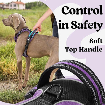 rabbitgoo Dog Harness for Large, No Pull Pet Harness with 3 Buckles, Adjustable Soft Padded Vest with Control Handle, Walking Reflective Pet Vest for Large Dogs, Black & Purple, L