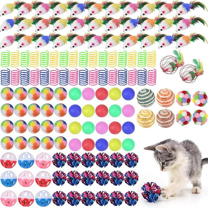 Shappy 150 Pcs Cat Toys for Indoor Cats Bulk, Kitten Toys Pack, Variety Interactive Gift Including Mice Rainbow Balls Spring Crinkle Balls Gift for Kitty Kitten Cat(Classic)