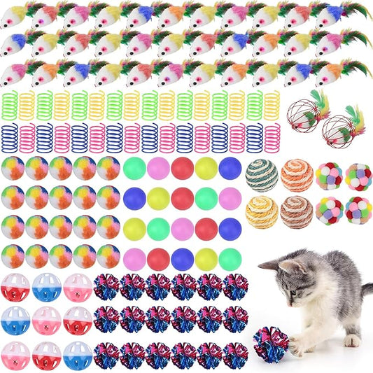 Shappy 150 Pcs Cat Toys for Indoor Cats Bulk, Kitten Toys Pack, Variety Interactive Gift Including Mice Rainbow Balls Spring Crinkle Balls Gift for Kitty Kitten Cat(Classic)