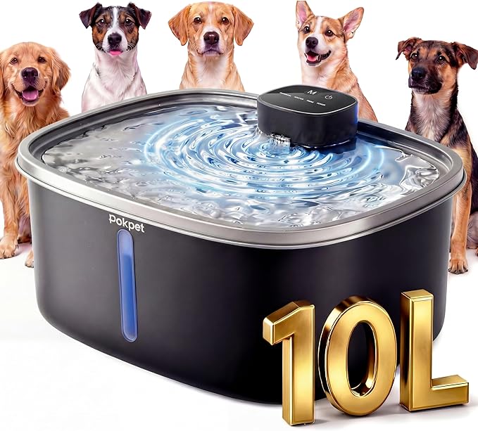 Water Fountain for Dogs Cats Stainless Steel 10L/2.64Gal Wireless Smart Automatic Water Dispenser Cordless Quiet Bowl Multi-Filtered Multi-Pet Home Outdoor -Wireless Black&1Filters