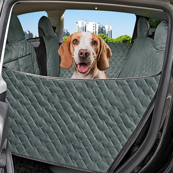 Dog Car Seat Cover for Back Seat (Waterproof, Scratch & Slip Resistant) ‑ Heavy Duty Dog Hammock with Mesh Window, Seat Belt Access & Pet Safety Anchor, Fits Cars/SUV/Truck (Model 3/Y, Gray)