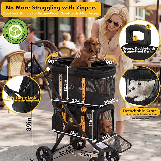 PAWZIDEA Double Pet Stroller with 2 Detachable Carrier, Lightweight Portable Travel Crate & Car Seat Combo & TSA-Approved Expandable Carrier, Foldable Jogger Stroller for 2–4 Cats or Small/Medium Dogs