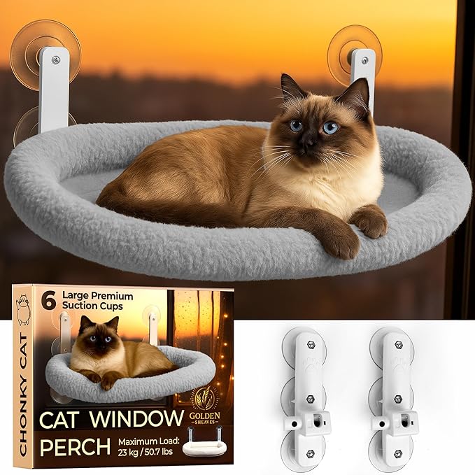 Cat Window Perch – Strong 6 Suction Cup Foldable Cat Hammock Bed for Large Cats and Kittens That Holds up to 50 lbs with Washable Reversible Cover, Sturdy Metal Frame for Window (Gray)