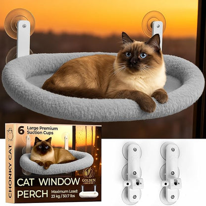 Cat Window Perch – Strong 6 Suction Cup Foldable Cat Hammock Bed for Large Cats and Kittens That Holds up to 50 lbs with Washable Reversible Cover, Sturdy Metal Frame for Window (Gray)