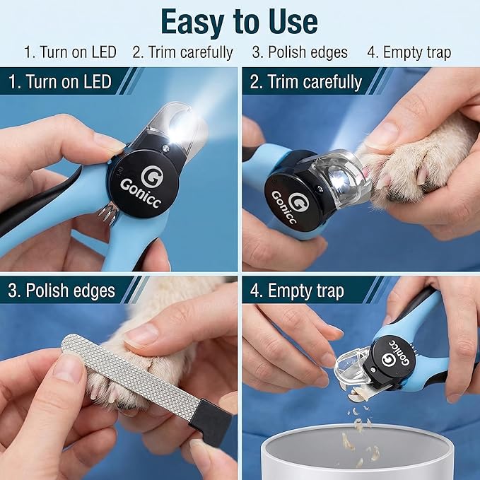 gonicc LED Pet Nail Clippers for Dogs & Cats, Light-Up Dog Nail Trimmer with Safety Lock & Built‑in File, Professional Stainless Steel Nail Clippers for Medium & Large Pets