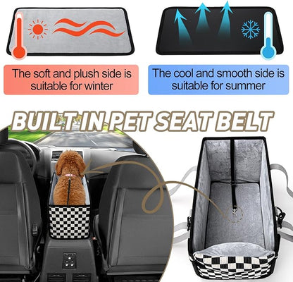 Portable Dog Car Seat for Small Dogs - Pet Booster Seat with Safety Leash & Anti-Collapse Design, Washable Cushion - Center Console Car Travel Carrier for Pets Up to 12 lbs, Black Checkered