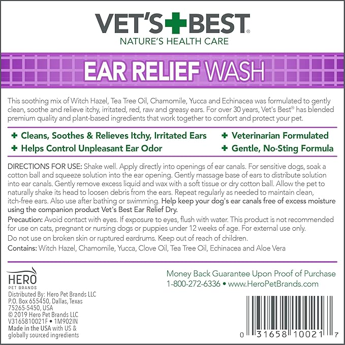 Vet's Best Dog Ear Relief Wash, Natural Ear Cleaner for Dogs with Aloe, Chamomile & Tea Tree Oil, Itch, Odor & Irritation Relief, Gentle Cleaning Solution, Vet Formulated, Made in USA, 4 fl oz