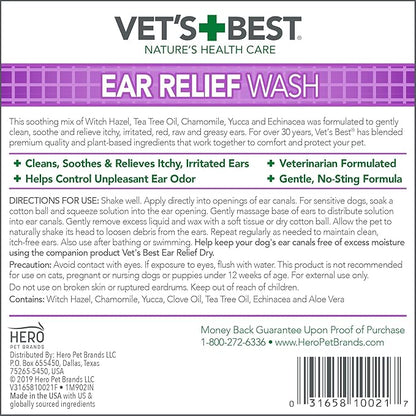 Vet's Best Dog Ear Relief Wash, Natural Ear Cleaner for Dogs with Aloe, Chamomile & Tea Tree Oil, Itch, Odor & Irritation Relief, Gentle Cleaning Solution, Vet Formulated, Made in USA, 4 fl oz
