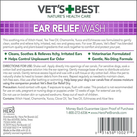 Vet's Best Dog Ear Relief Wash, Natural Ear Cleaner for Dogs with Aloe, Chamomile & Tea Tree Oil, Itch, Odor & Irritation Relief, Gentle Cleaning Solution, Vet Formulated, Made in USA, 4 fl oz