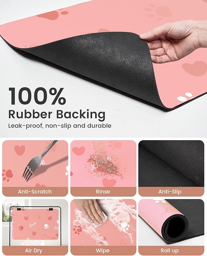 Cat Dog Food Mat, Rapid Water Absorption Dog Mat for Food and Water,100% Waterproof Cat Dog Bowl Mat, 16"x27"-Pink