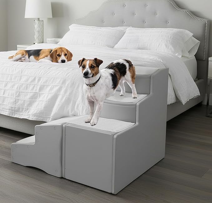 Pet Gear Easy Step Bed Stair for Cats/Dogs, Adjusts to Either Side of Bed, Removable Washable Carpet Treads, Storage Compartment, for Pets Up to 75lbs, Sea Salt