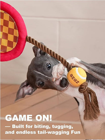 Durable Dog Rope Toy, Tennis Rack & Ball, Teeth Cleaning & Tug-of-War & Crinkle Paper for Aggressive Chewers, Burning Off Energy & Relieving Anxiety