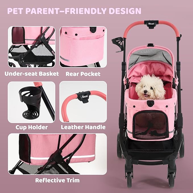 All-Terrain Dog Stroller for Small to Medium Dogs, Pet Stroller for Dogs & Cats Outdoor Walks, One-Hand Easy Fold, Double-Layer Anti-UV & Waterproof Canopy & Breathable Mesh, Sakura Pink