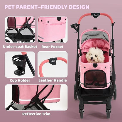 All-Terrain Dog Stroller for Small to Medium Dogs, Pet Stroller for Dogs & Cats Outdoor Walks, One-Hand Easy Fold, Double-Layer Anti-UV & Waterproof Canopy & Breathable Mesh, Sakura Pink