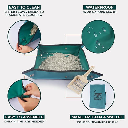 OutdoorBengal Travel Litter Box for Cats (3in1 Kit) – Foldable Litterbox + Litter Bag + Scooper (Portable Litter Box for Cat Traveling) Collapsible Litterbox for Car Travel with Cat, Camping, Plane