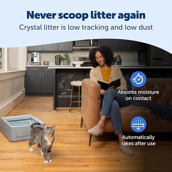 PetSafe ScoopFree Crystal Smart Automatic Litter Box - Uncovered Motion-Sensing Cat Box with Integrated Health Counter & App - Includes 1 Disposable Crystal Litter Tray