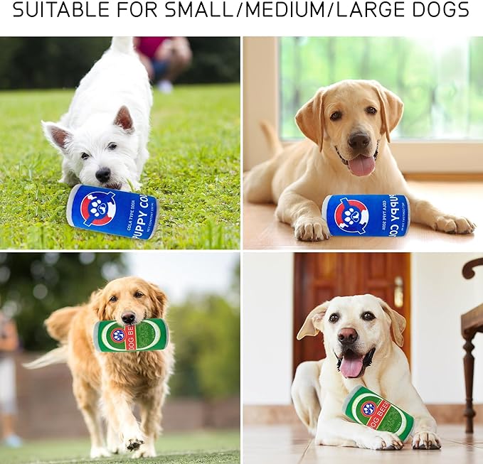 Squeaky Plush Dog Toys 2 Pack - Funny Beer Puppy Toys with Squeaker for Small Medium Large Dogs, Soft Stuffed Chew Toys for Birthday Gifts(Green&Blue)