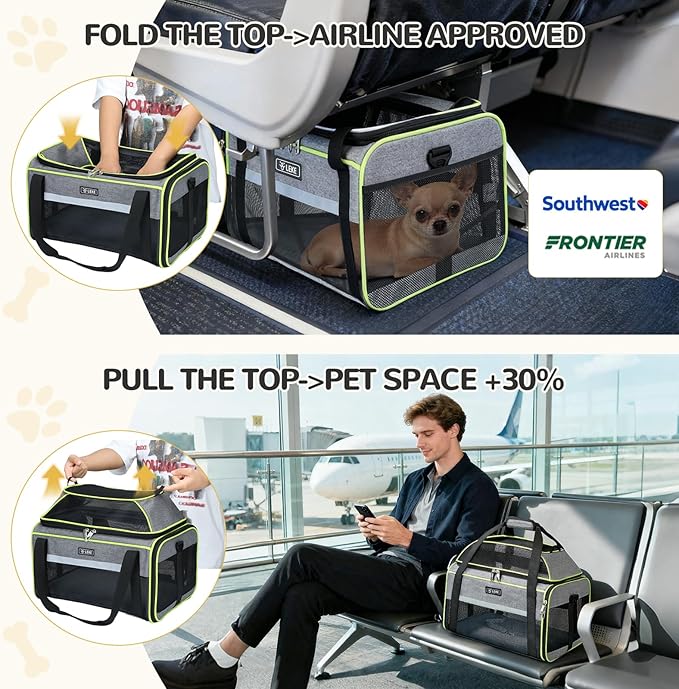 Lekereise Top-Expandable Pet Carrier 18x13x9.5 Inch Southwest Frontier Airline Approved Soft Sided Underseat to 15lbs Travel Carriers for Small Cats Dogs with Locking Safety Zippers Anti-Scratch Mesh