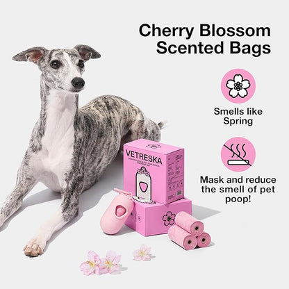 VETRESKA Dog Poop Bag Dispenser with Cherry Blossom Scented Poop Bags, Leak Proof and Extra Thick Pet Waste Bags, 1 Poop Bag Holder and 105 Bags for Dog Walking and Cats Litter, Pink
