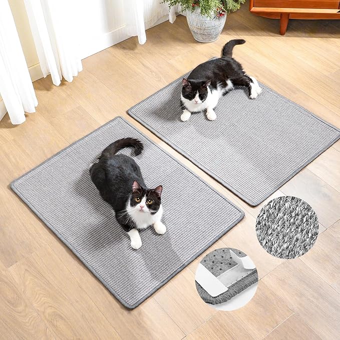 Cat Scratcher Mat,Natural Sisal Cat Scratch Pad with Hook&Loop Tape,Horizontal Floor Kitty Scratching Pads Rug for Indoor, Furniture Protector for Couch&Carpets&Sofas, Large, Grey, 2 Pack