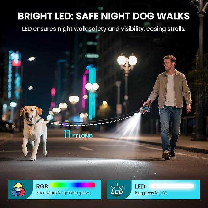 Retractable Dog Leash, 11ft Tangle-Free Reflective Nylon Tape with Anti-Slip Handle & USB Rechargeable Flashlight for Night Walks, Suitable for Small to Medium Dogs Up to 30 Lbs (Blue)