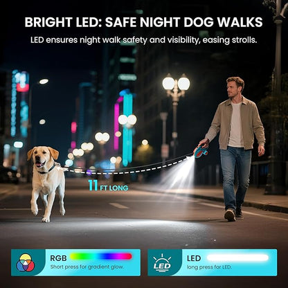 Retractable Dog Leash, 11ft Tangle-Free Reflective Nylon Tape with Anti-Slip Handle & USB Rechargeable Flashlight for Night Walks, Suitable for Small to Medium Dogs Up to 30 Lbs (Blue)