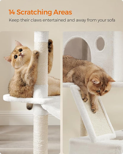 Feandrea Cat Tree, 81.1-Inch Large Cat Tower, Multi-Level Plush Condo with 13 Scratching Posts, 2 Perches, 2 Caves, Basket, Hammock, Pompoms, Cream White UPCT190T01
