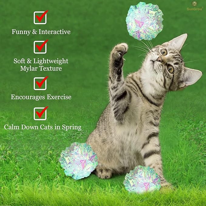 SunGrow Mylar Cat Crinkle Balls, 2", Shiny and Stress Buster Toy, Lightweight and Great for Use in Craft Projects, Toy Ball Suitable for Both Feline and Kids, Kitten Chew and Chase Balls for Exercise