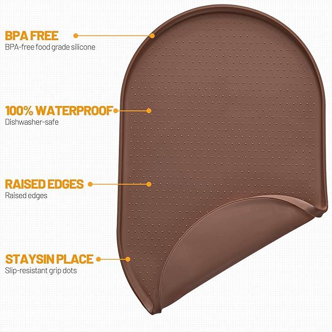 Hubulk 100% Waterproof Silicone Pet Feeding Mat with Raised Edge for Food and Water, Dog Bowl Mats, Cat Bowls Placemat with High Lip Protects Floor for Cats and Dogs (Brown, 16" L x 10" W)