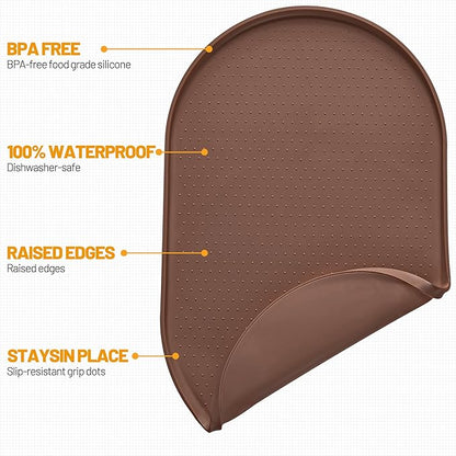 Hubulk 100% Waterproof Silicone Pet Feeding Mat with Raised Edge for Food and Water, Dog Bowl Mats, Cat Bowls Placemat with High Lip Protects Floor for Cats and Dogs (Brown, 16" L x 10" W)