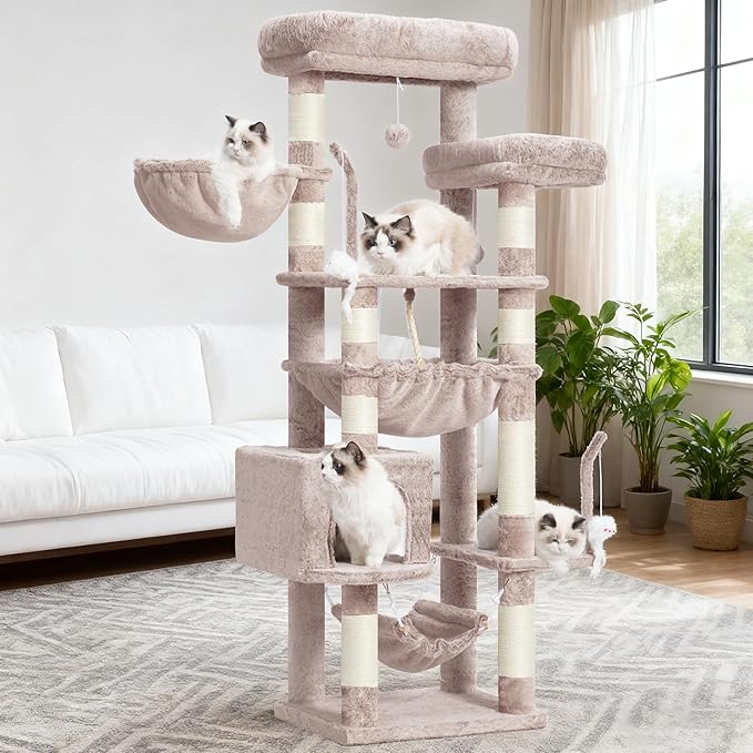 Cat Tree, Cat Tower for Large Cats with 2 Big Platforms, 2 Baskets, condo and Toys, 63" Cat Scratching Posts for Indoor Cats, Muchroom GCT020MU