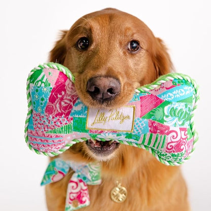 Lilly Pulitzer Dog Chew Toy, Bone Shaped Soft Plush with Fiber Fill, Double-Stitched Durability, Two-Way Squeaker, Embroidered Logo (Crazy Quilt Home)