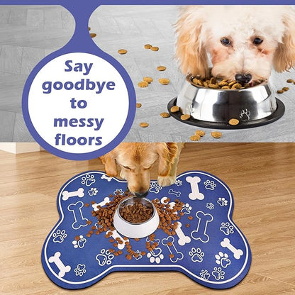 Dog Cat Mat for Food and Water,Rapid Absorbent Pet Feeding Mat, Bone Shaped Dog Placemat Bowl Mat with Rubber Backing,No Stains Pet Food Mats Indoor, Pet Accessories Supplies,Blue 23"×36"