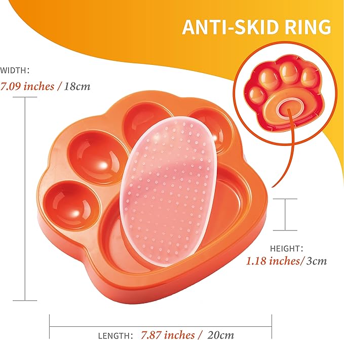 PetDreamHouse PAW 2-in-1 Mini Slow Feeder Dish & Lick Pad for Small Dogs, Puppies & Cats, Paw-Shaped Slow Feeding Dish with an Interchangeable PAW Lick Pad., Orange, 1 Count (Pack of 1)