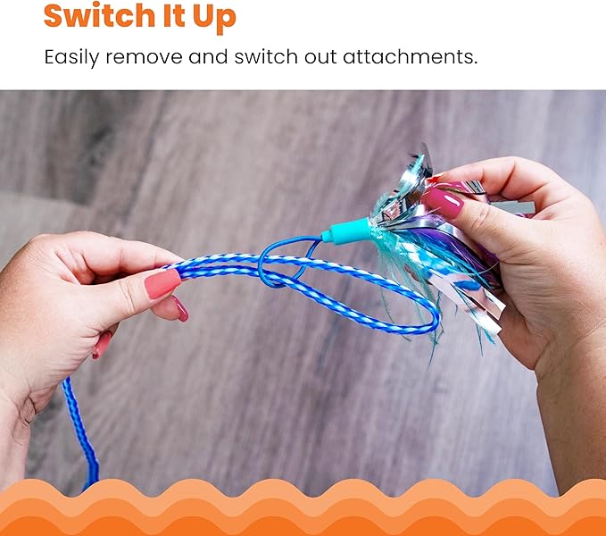Catstages Tail Teaser Air Prey Cat Wand Toy for Indoor Cats, Interactive Cat Toy with 2 Feathered Catnip Toys, Crinkle Sounds, and Durable Rope for Leaping Play, Blue