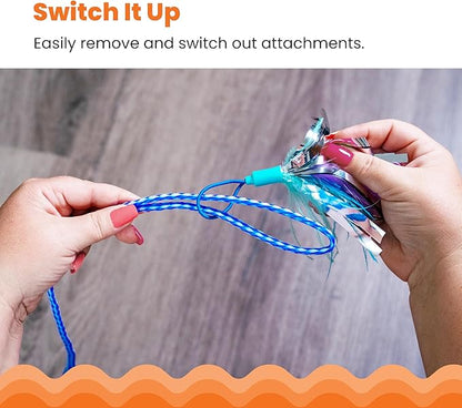 Catstages Tail Teaser Air Prey Cat Wand Toy for Indoor Cats, Interactive Cat Toy with 2 Feathered Catnip Toys, Crinkle Sounds, and Durable Rope for Leaping Play, Blue