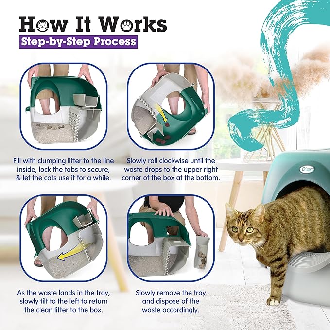 Omega Paw Premium Roll 'N Clean Self Cleaning Litter Box with Integrated Litter Step and Unique Sifting Grill, Regular Size, Forest Green