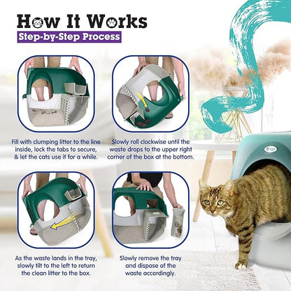 Omega Paw VMRA20-1-PR Premium Roll 'N Clean Large Self Cleaning Litter Box with Integrated Litter Step and Unique Sifting Grill, Forest Green