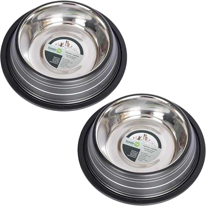 Iconic Pet 4 Cup/32 Oz Elegant Stainless Steel Color Splash Food/Water Bowl with Non Skid, Noise Free, Removable Rubber Ring - Dog/ Cat Feeding Bowl In color shade, Dishwasher Safe - Black, 2 Bowls