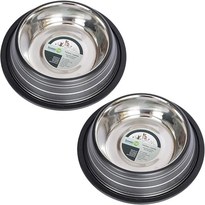 Iconic Pet 4 Cup/32 Oz Elegant Stainless Steel Color Splash Food/Water Bowl with Non Skid, Noise Free, Removable Rubber Ring - Dog/ Cat Feeding Bowl In color shade, Dishwasher Safe - Black, 2 Bowls