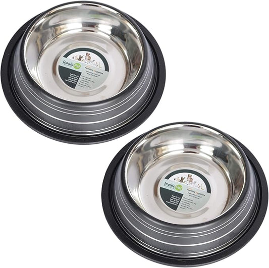 Iconic Pet 4 Cup/32 Oz Elegant Stainless Steel Color Splash Food/Water Bowl with Non Skid, Noise Free, Removable Rubber Ring - Dog/ Cat Feeding Bowl In color shade, Dishwasher Safe - Black, 2 Bowls