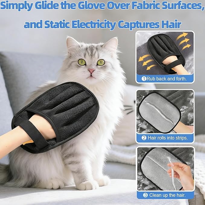 Pet Hair Removal Glove for Laundry, Magic Grooming Brush for Dogs Cats, Electrostatic Hair Remover Tool with Five-Finger Design for Couch, Carpet, Clothing, Car Seat Black